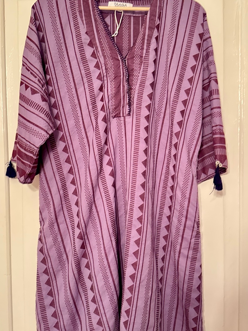 Women's Purple Patterned V-Neck Tunic with Tassel Trim